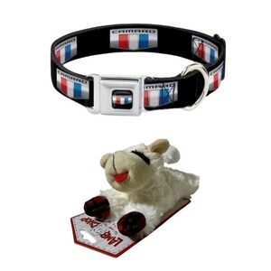 Dog Bundle: Camaro Seatbelt Buckle Dog Collar Wide Small + Lamb Chop Holiday Toy